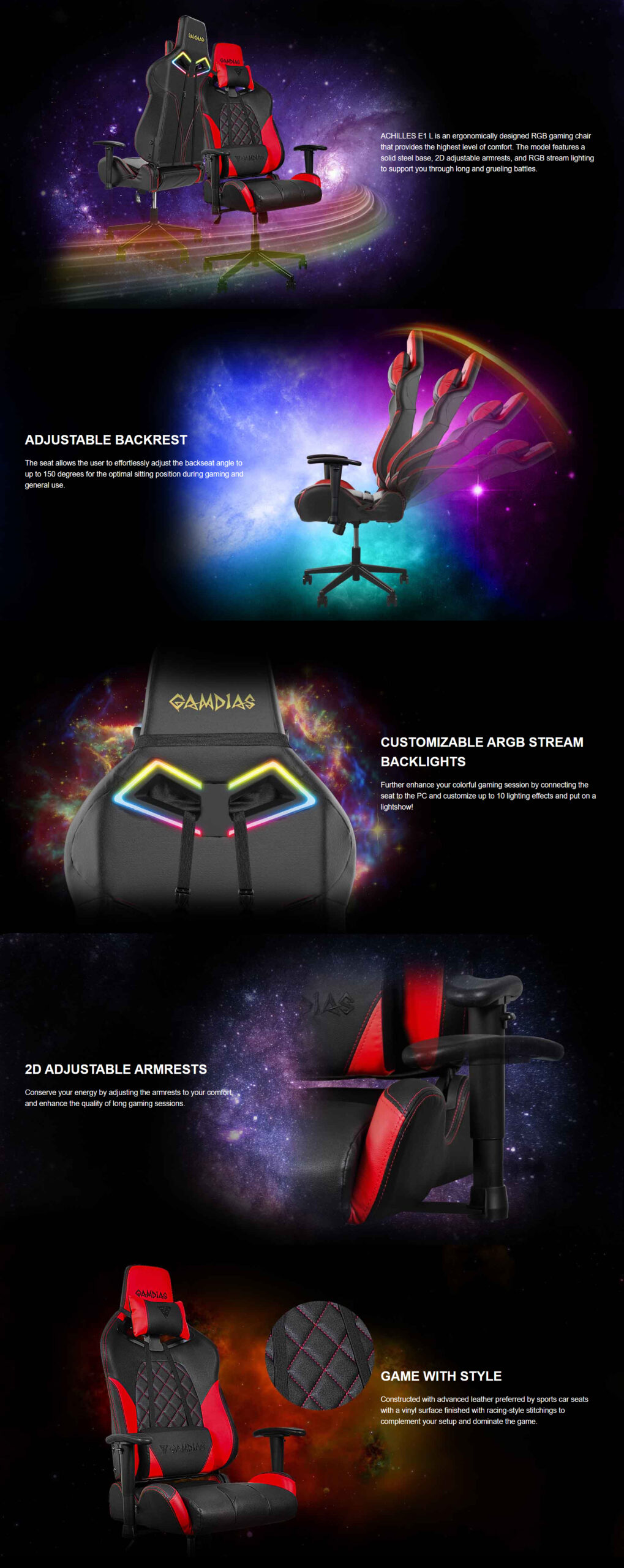 Gamdias Achilles E1 RGB PC Gaming Chair Black Red TEXON WARE