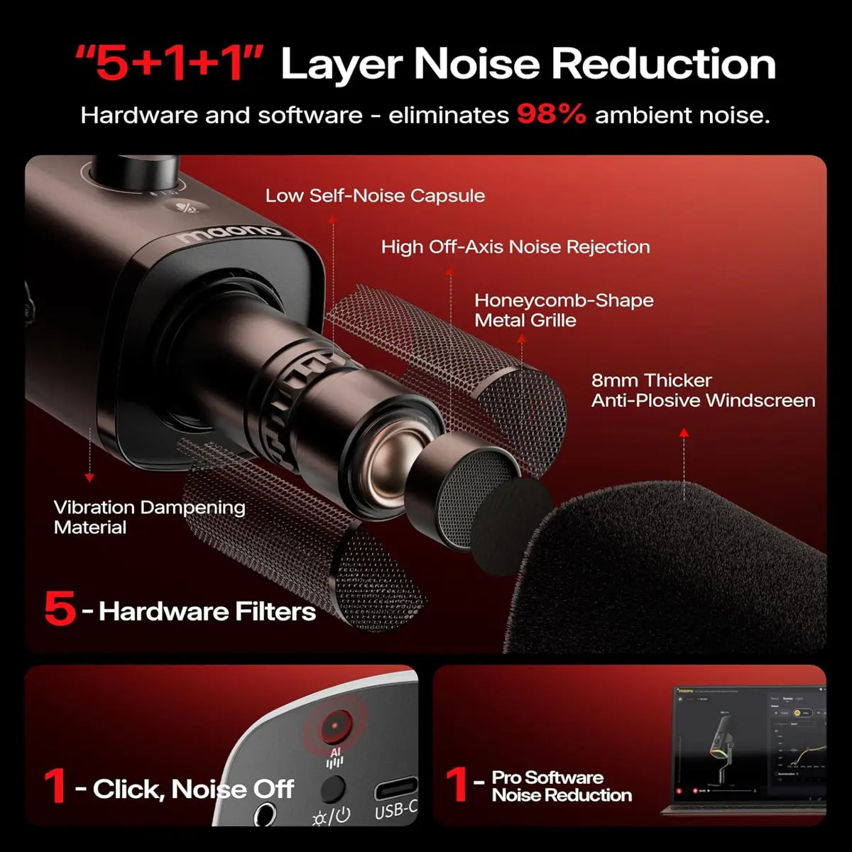 Maono PD100W Wireless/USB Microphone, PC Gaming Mic with One-Click Noise Reduction - Image 2