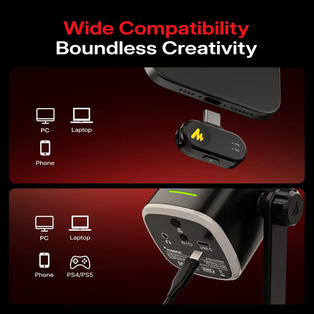 Maono PD100W Wireless/USB Microphone, PC Gaming Mic with One-Click Noise Reduction - Image 3