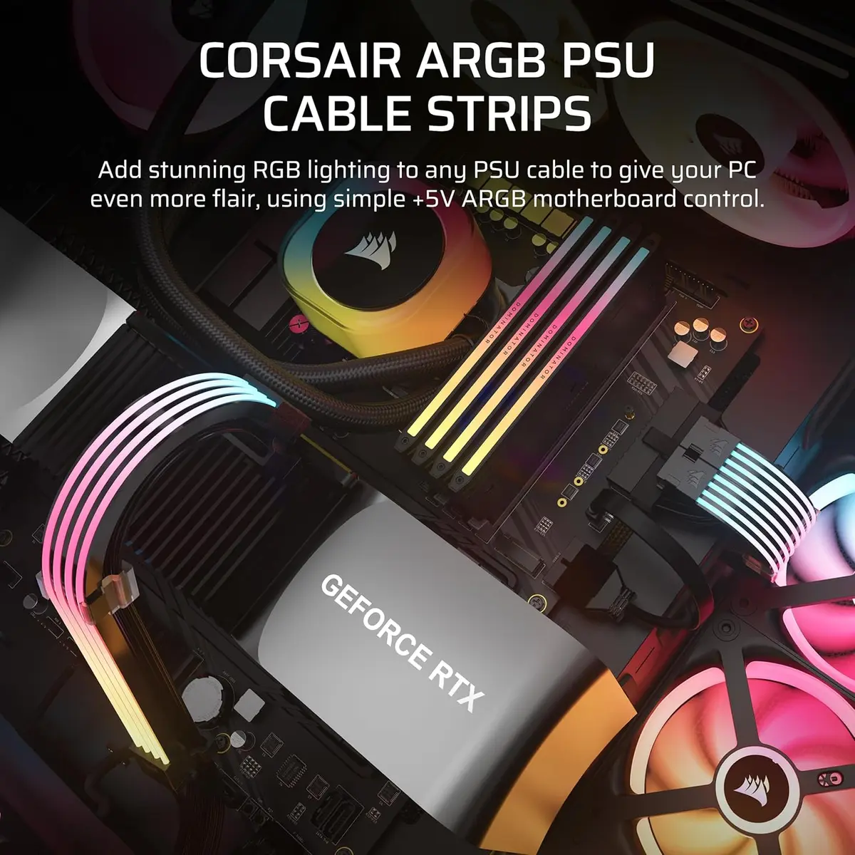 Corsair iCUE ARGB PSU Cable Strips – 2X 200mm LED Strips, 100 RGB LEDs Per Strip, Fits Any PSU Cable, Motherboard 5V ARGB Control – Black - Image 2