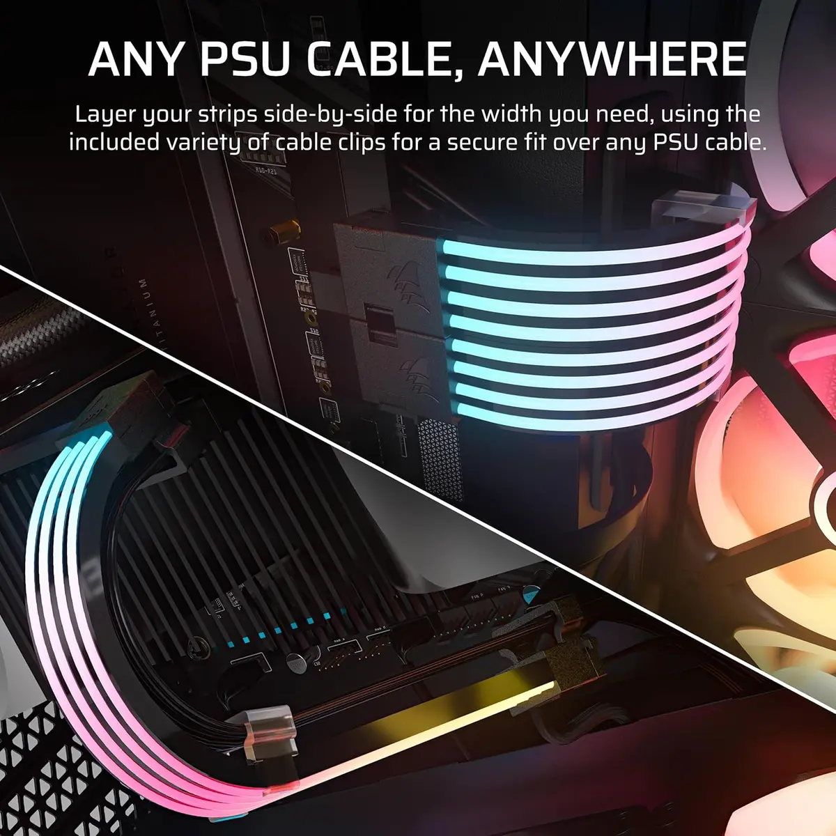 Corsair iCUE ARGB PSU Cable Strips – 2X 200mm LED Strips, 100 RGB LEDs Per Strip, Fits Any PSU Cable, Motherboard 5V ARGB Control – Black - Image 3