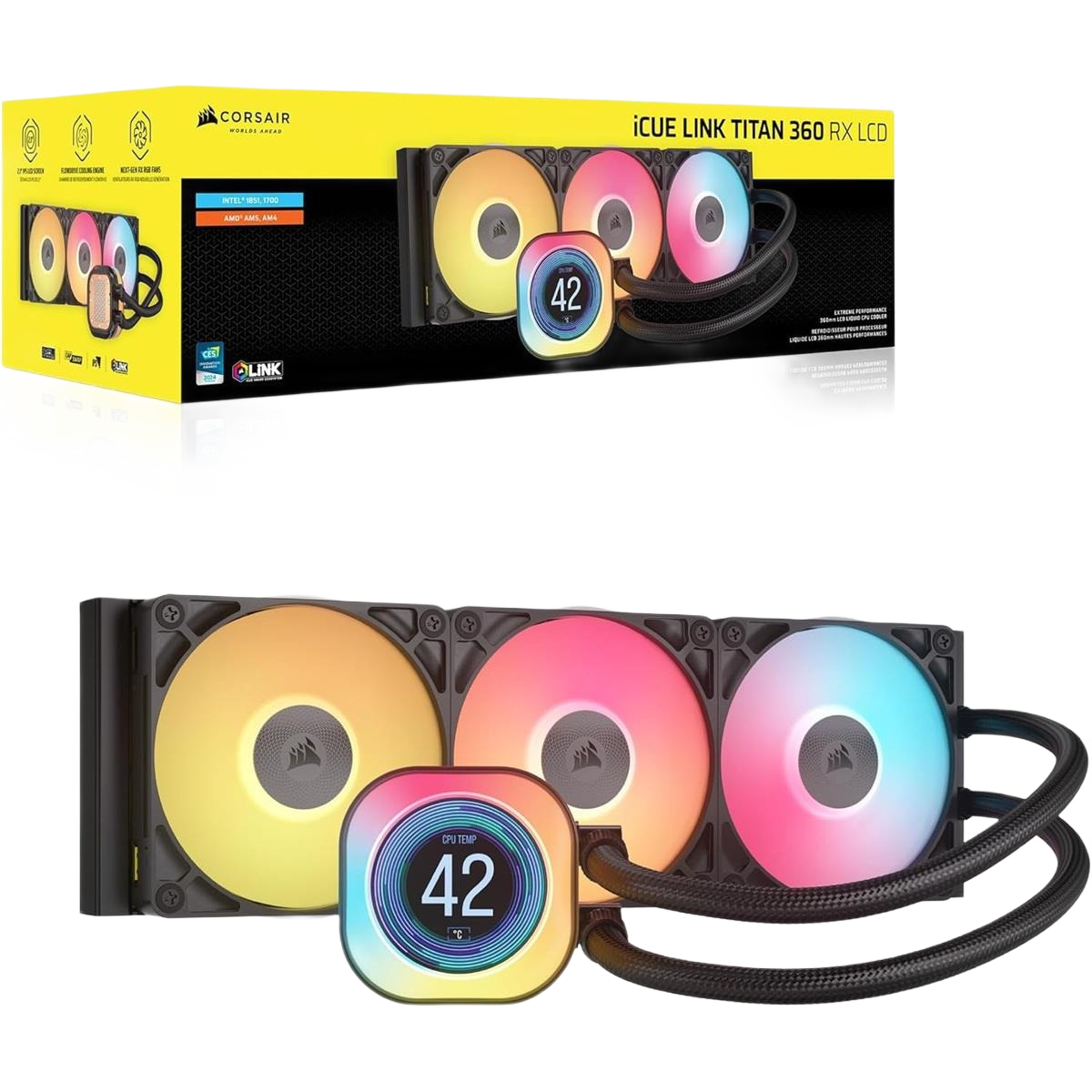 Corsair iCUE Link Titan 360 RX LCD Liquid CPU Cooler, 360mm AIO, Low-Noise, FlowDrive Cooling Engine, Intel LGA 1851/1700, AMD AM5/AM4 - Image 2