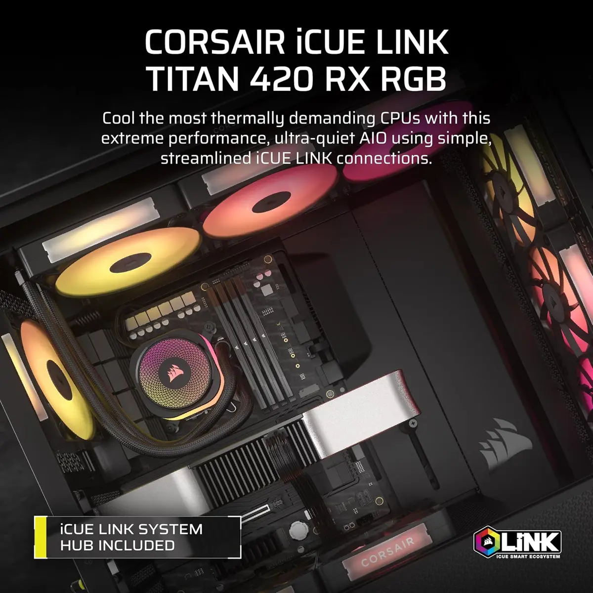 Corsair iCUE Link Titan 420 RX RGB Liquid CPU Cooler – 420mm AIO, Low-Noise, FlowDrive Cooling Engine, 3X RX140 RGB Fans, iCUE Link System Hub Included – Black - Image 2