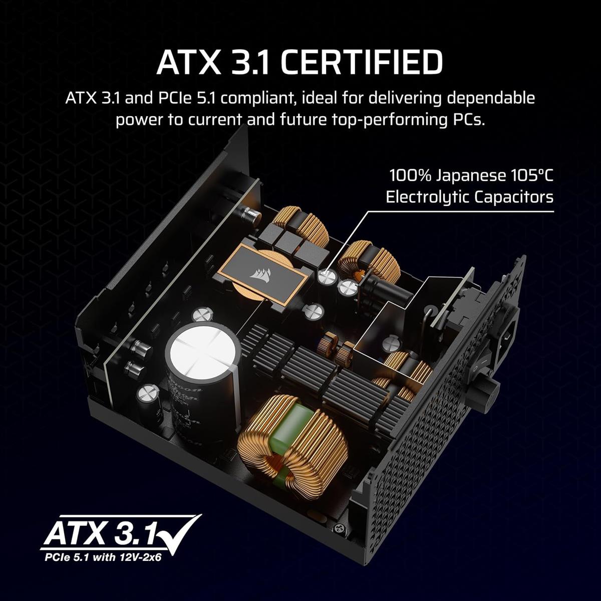 Corsair RM1000x Fully Modular Low-Noise ATX Power Supply, ATX 3.1 Compliant, PCIe 5.1 Support, Cybenetics Gold Efficiency, Native 12V-2x6 Connector – Black - Image 3