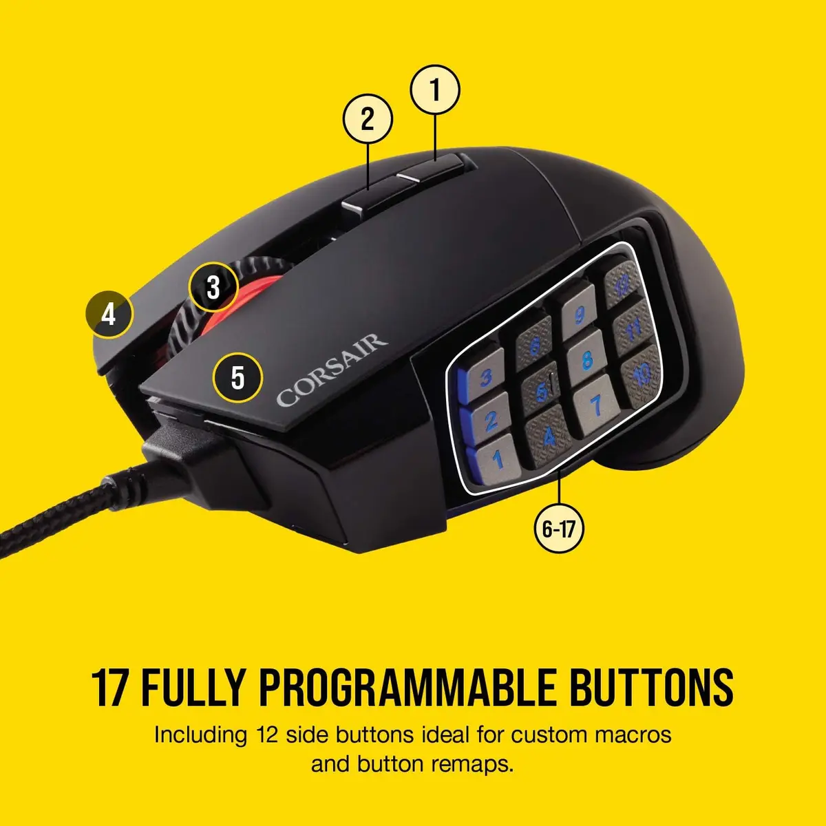 Corsair Scimitar RGB Elite Wired MOBA/MMO Gaming Mouse – 18,000 DPI, 17 Programmable Buttons, iCUE Compatible – PC, Mac, PS5, PS4, Xbox – Black - Image 3